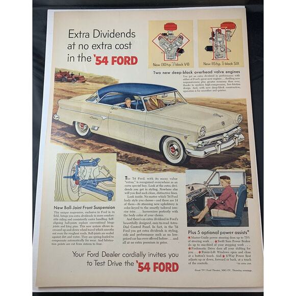 Vintage 1954 Texaco Sky Chief & 54 Ford Test Drive Vintage Magazine Print Ad EUC - Picture 2 of 5